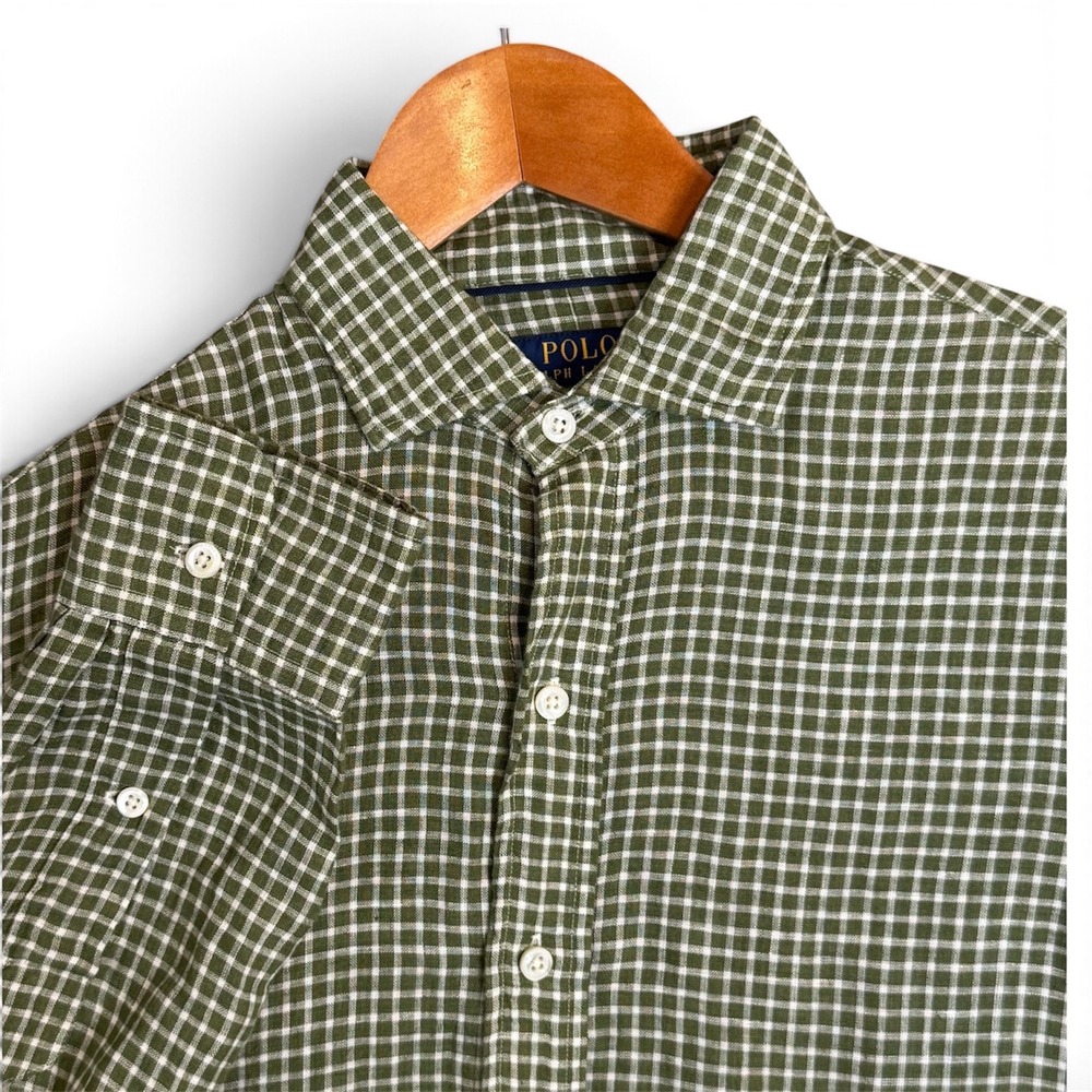 Polo Ralph Lauren Resort Linen Men's S Green White Gingham Check Long Sleeve